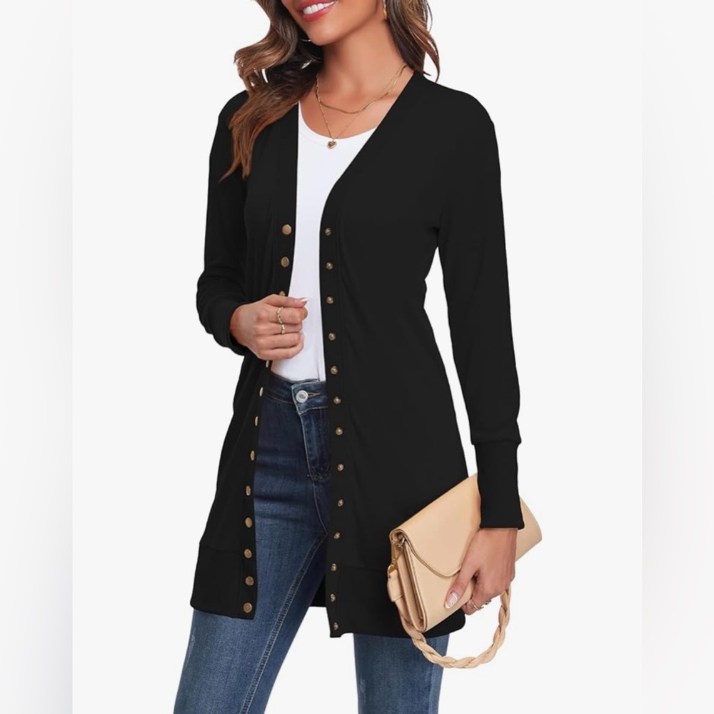 Snap Button Down Ribbed Cardigan Black Size S - Picture 4 of 10